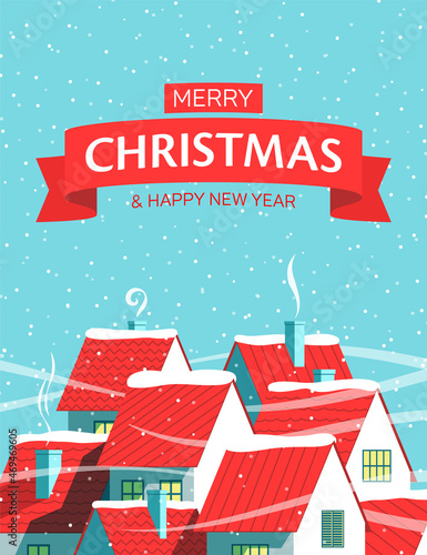 Little town houses with red roofs on a snowy blue background and Merry Christmas greeting text. Magical village winter holidays postcard, vector illustration.