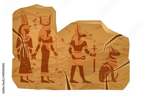 Egypt ancient vector pyramid stone, cracked old boulder tile, gods outline, Anubis silhouette, cat. Architecture ruin panel, culture history rock tablet, Egyptian civilization sign. Egypt stone frame