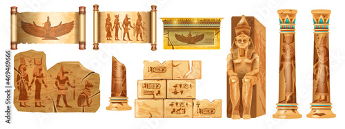 Egypt ancient stone ruin set, vector old pyramid pharaoh sculpture, antique column, cracked wall tile. Papyrus scroll paper, gods outline, mural hieroglyphs, Egyptian civilization monument. Egypt ruin