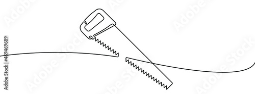 Continuous line drawing of hacksaw for wood. Hand saw linear icon. One line drawing background. Vector illustration. Hand saw continuous line icon