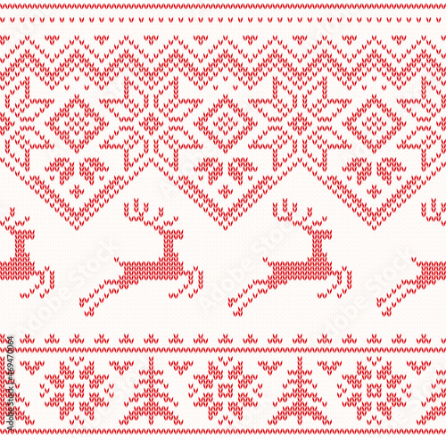 repeating seamless red and white pattern, vector illustration, imitation of knitted fabric, traditional scandinavian geometric ornament with winter elements - deer, spruce, star, snowflake
