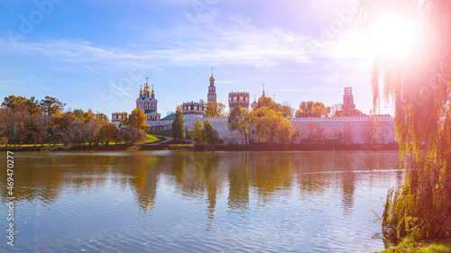 View of the Novodevichy convent  Bogoroditse-Smolensky monastery  and the big Novodevichy pond on a sunny autumn day. Moscow  Russia. UNESCO world heritage site