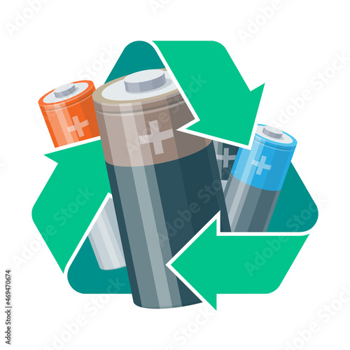 Used battery cylinder cells accumulator with green recycling symbol in 3d isometric cartoon style. Isolated vector illustration on white. Waste Electrical and Electronic Equipment - WEEE concept. photo