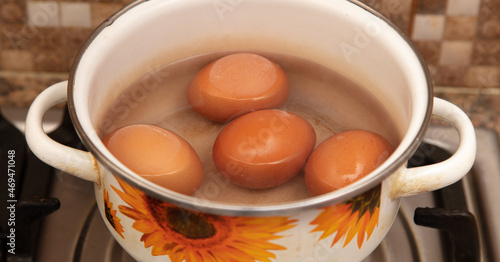 Eggs are boiled in boiled water