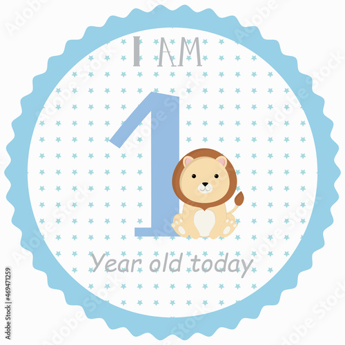 I'm one year old today - Baby Milestone card. Cute design with blue background and lion cub