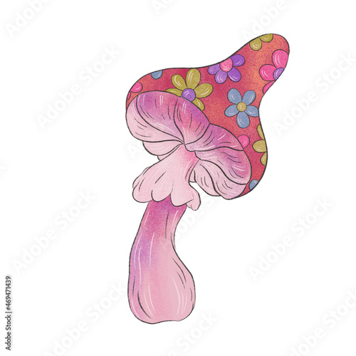 Psychedelic illustration with flowers growing on mushroom cap . Mushroom artwork for creating fashion prints, postcard, wedding invitations, banners, arrangement illustrations, books, covers.