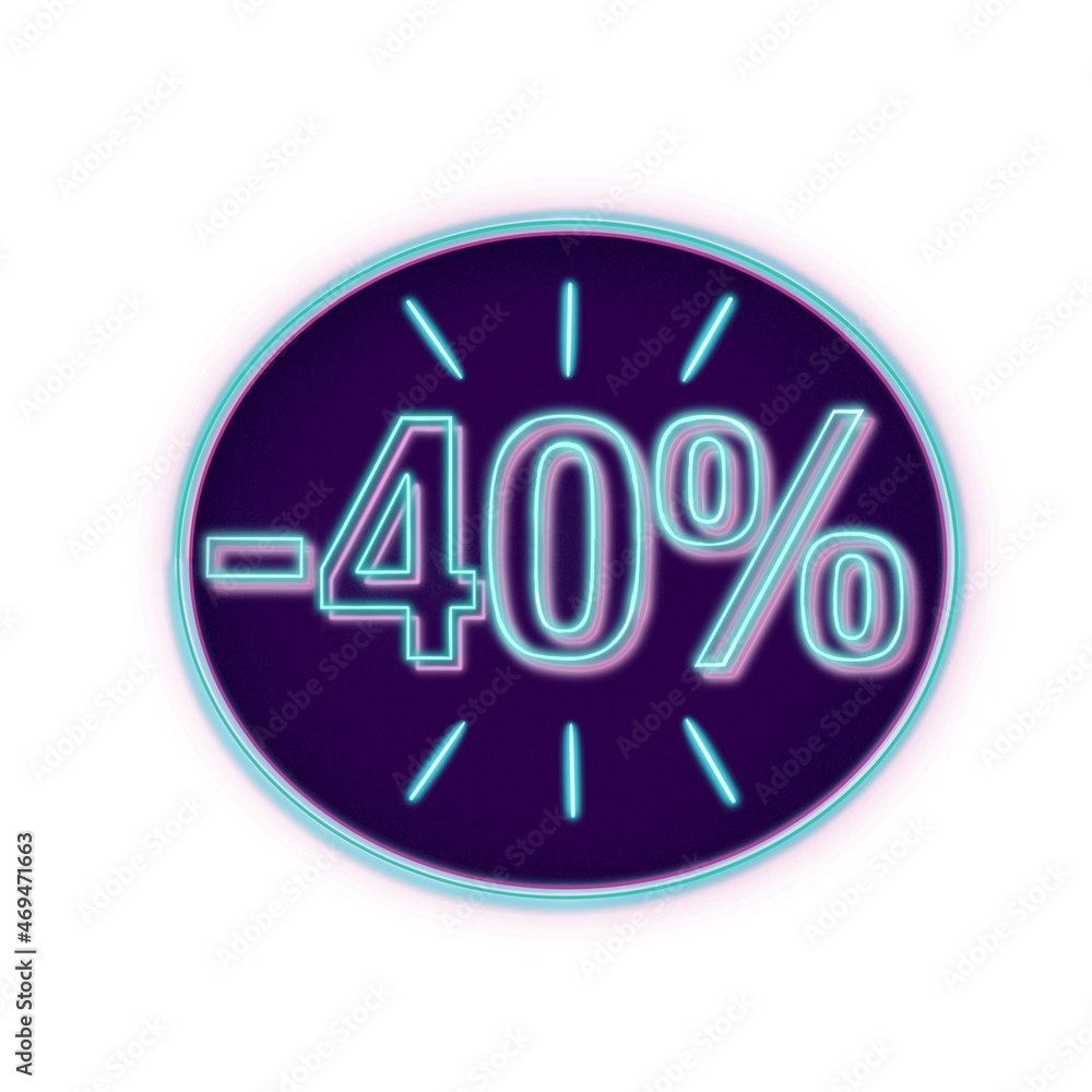 Etiqueta de descuento. 40% de descuento, rebajas. Ilustración sobre fondo blanco. Texto con efecto neón o fluorescente Etiqueta de descuento. 40% de descuento, rebajas. Ilustración sobre fondo blanco. Texto con efecto neón o fluorescente