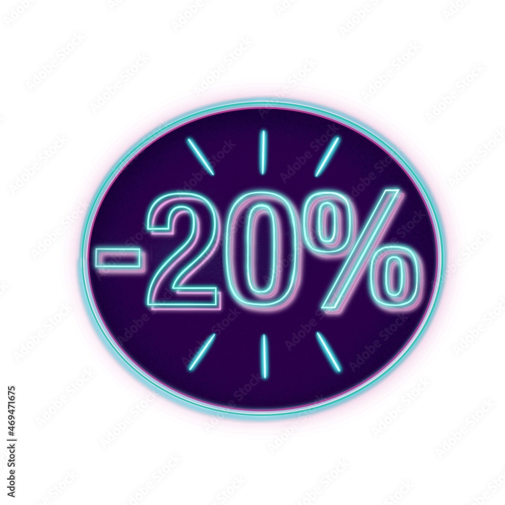 Etiqueta de descuento. 20% de descuento, rebajas. Ilustración sobre fondo blanco. Texto con efecto neón o fluorescente