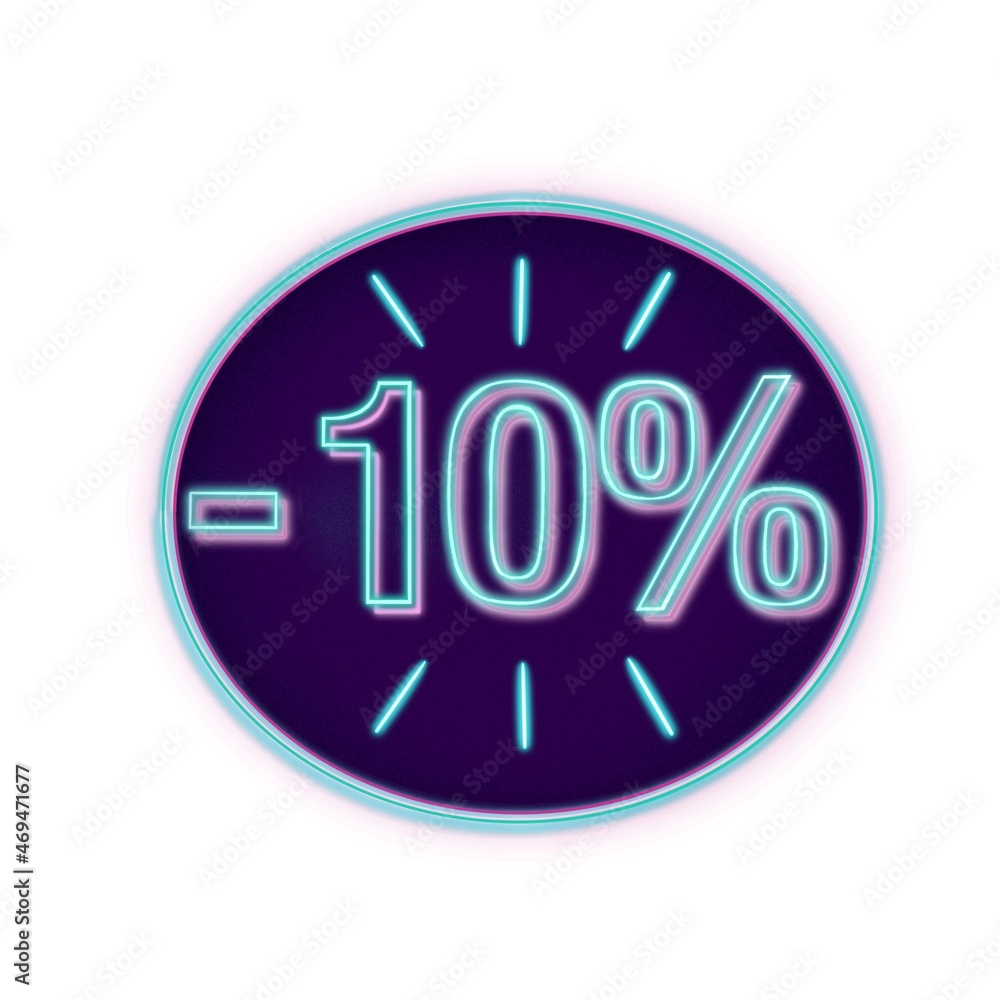 Etiqueta de descuento. 10% de descuento, rebajas. Ilustración sobre fondo blanco. Texto con efecto neón o fluorescente Etiqueta de descuento. 10% de descuento, rebajas. Ilustración sobre fondo blanco. Texto con efecto neón o fluorescente
