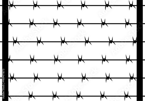 Alambrada de espinos en negro sobre fondo blanco. Campo de refugiados, campo de concentración , campo de prisioneros, prisión, o cárcel.