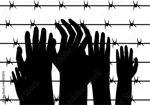Refugiados, Prisioneros. Campo de concentración. Campo de refugiados. Campo de prisioneros. Silueta negra de manos sobre alambrada de espinas en blanco y negro