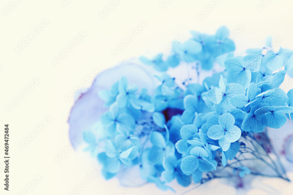 Creative image of blue Hydrangea flowers on artistic ink background. Top view with copy space Creative image of blue Hydrangea flowers on artistic ink background. Top view with copy space