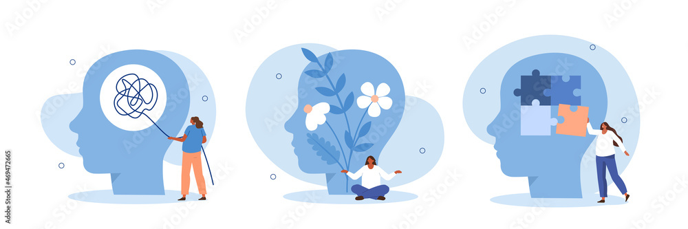 Mental health illustration set. Character with mental disorder fight against stress, depression, emotional burnout and other psychological problems. Psychotherapy concept. Vector illustration. - obrazy, fototapety, plakaty 
