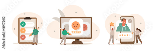 Customer feedback and user experience illustration set. Characters giving review to customer service operator, choosing emoji to show satisfaction rating and filling survey form. Vector illustration.