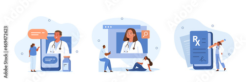 Online medical services illustration set. Patients meeting with doctors online, having consultation and receiving digital prescription. Telemedicine and e-health concept. Vector illustration.
