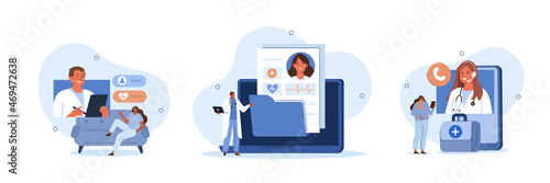 Electronic health record and online medical services illustration set. Doctor in hospital reading patient EMRs. Patients having online consultations with medical specialists. Vector illustration.