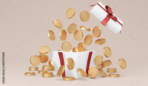 3D Rendering of explosion of money coins with gift box on background concept of bonus, winning, jackpot, casino, prosperity. 3D Render illustration. photo