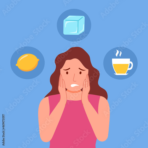 Woman having sensitive teeth with sour lemon, cold ice and hot drink in flat design. Tooth sensitivity symptom concept.