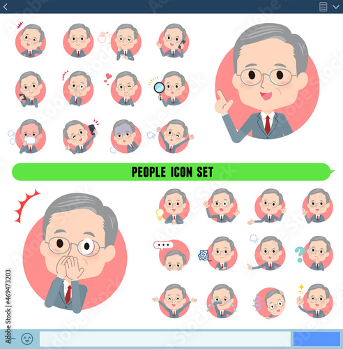 アイコン形式で様々な感情表現をするビジネスシニア男性のセット