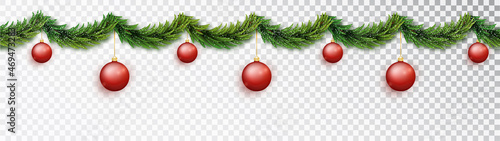 Christmas garland of branches with red new balls and falling snow isolated on transparent background. Seamless banner, can be extended to desired size