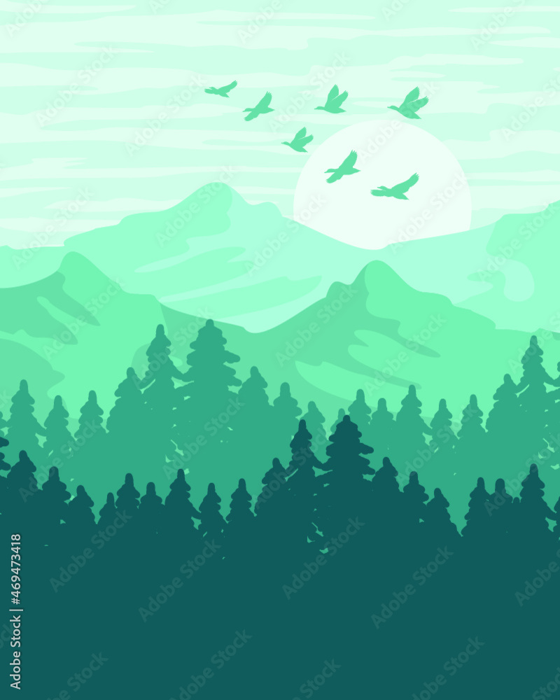 Fototapeta premium MODERN FLAT DESIGN BACKGROUND NATURAL LANDSCAPE PINETREE JUNGLE FOREST IN SUNRISE SUNSET SILHOUETTE