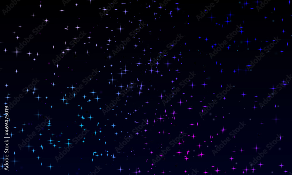 Colorful Shiny Stars in dark Blue Night Sky Background. Overlay of Star and infinity Space.  Starry backgrounds 