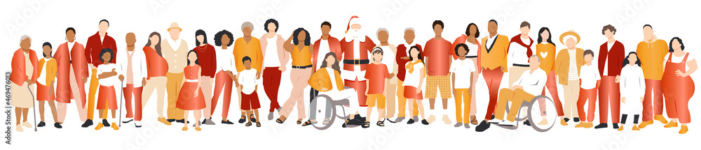 Multicultural group of families with Santa Claus. Flat vector illustration.