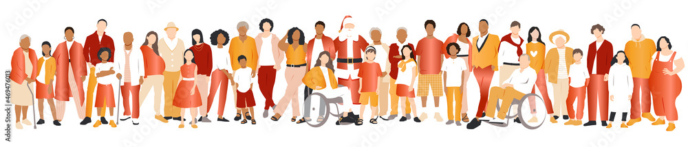 Multicultural group of families with Santa Claus. Flat vector illustration. Multicultural group of families with Santa Claus. Flat vector illustration.