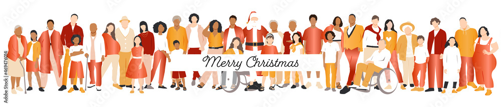 Fototapeta premium Merry Christmas banner. Multicultural group of families with Santa Claus. Flat vector illustration.