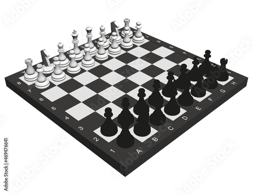 Chess pieces on a chessboard isolated on a white background. Isometric view. 3D. Vector illustration