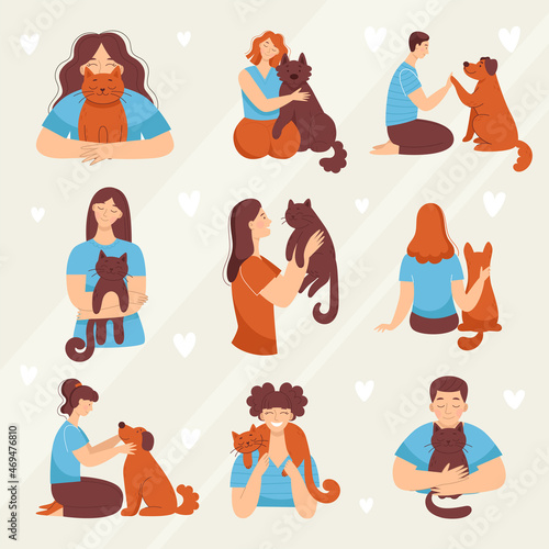 People with pets. Set of vector illustrations in cartoon style. Men and women with cats and dogs. Love and friendship with animals. Vet clinic