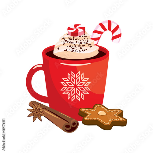 Red mug of hot chocolate with cinnamon and gingerbread icon vector. Cup of cocoa with whipped cream vector. Sweet winter drink icon isolated on a white background. Christmas beverage with candy cane