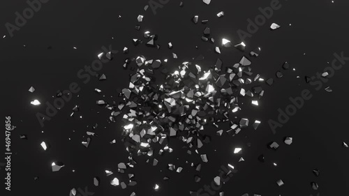 Background for sales, price cuts, discount season. The price tag falls onto a dark surface and shatters into small shiny fragments. 3d animation in high quality.