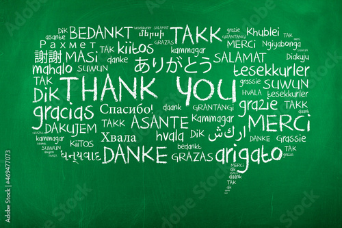 Thank you in different international foreign languages as speech bubble photo