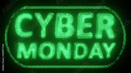 The bright green cyber monday digital words are formed from line segments. Modern background for cyber monday. 3D animation in a seamless loop.