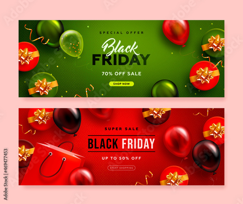 Set of black friday horizontal sale banner with realistic glossy balloons, gift box and discount text. Vector illustration