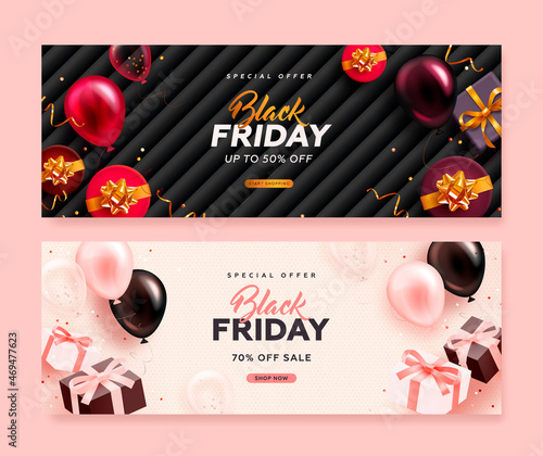 Set of black friday horizontal sale banner with realistic glossy balloons, gift box and discount text. Vector illustration