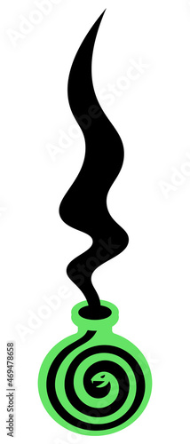 A green bottle of poison. Magical black vapors in the form of a snake emerge from the bubble. Vector illustration. Reptile with fangs. A miraculous drink. Flat style. Witch potion in a jar. 