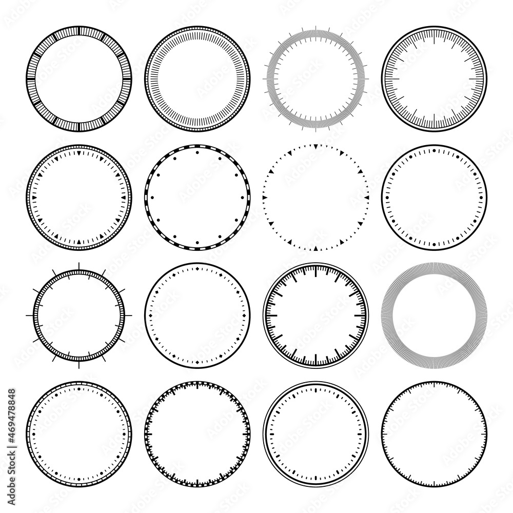 Mechanical clock faces, bezel. Watch dial with minute and hour marks ...