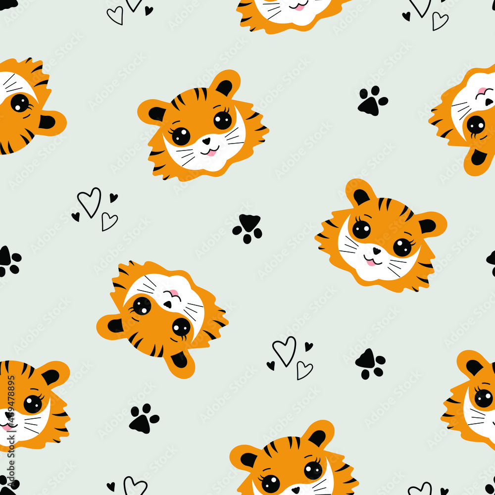Fototapeta premium Cute cartoon tiger cub seamless pattern. Funny tiger and his footprints on a gray background. Scandinavian design of the children's room. A template for cute pajamas with animals. Vector illustration 
