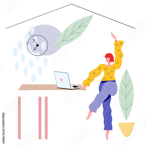 A girl at home on a laptop is engaged in ballet sports. Abstract vector illustration