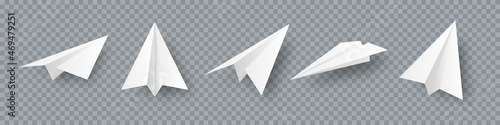 Realistic handmade paper planes collection on transparent background. Origami aircraft in flat style. Vector illustration.