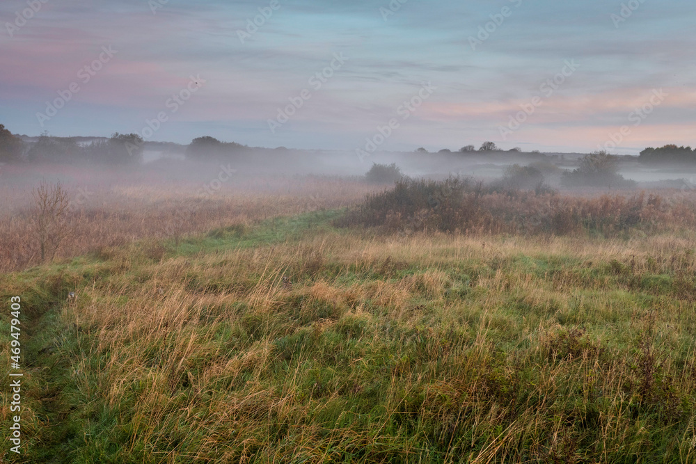 Small walking path on the leftin a field leads into fog. Soft pastel cloudy sky. Stunning nature landscape. Calm and peaceful atmosphere. Nobody. Warm colors. Sunrise hour. Amazing nature scene
