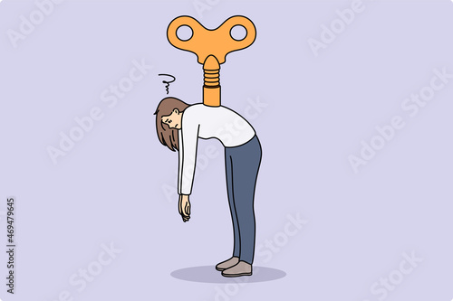 Control manipulation and marionette concept. Young tired woman standing with huge key in her back over grey background vector illustration 
