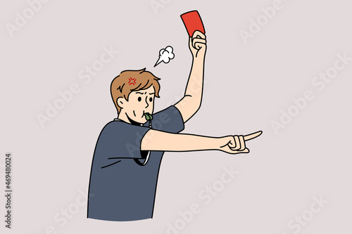 Soccer judge and football rules concept. Young man soccer judge standing and showing red card to player whistling during game vector illustration 