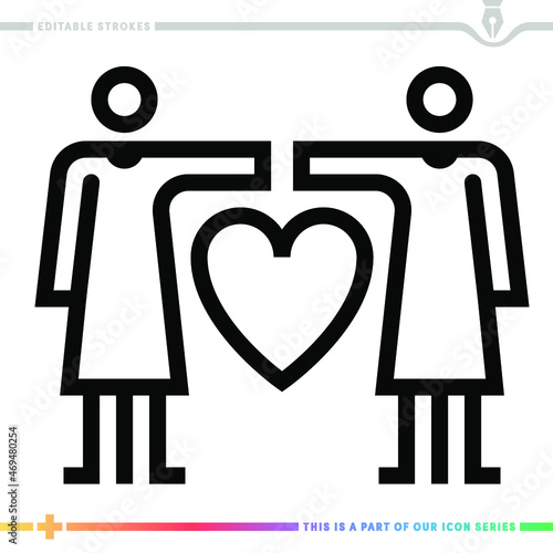 The editable line icon of lesbian parents can be used as a customizable black stroke vector illustration.