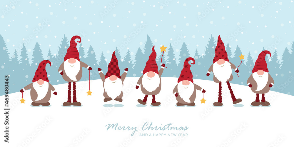 Ταπετσαρία christmas greeting card with cute christmas dwarf and snowy landscape