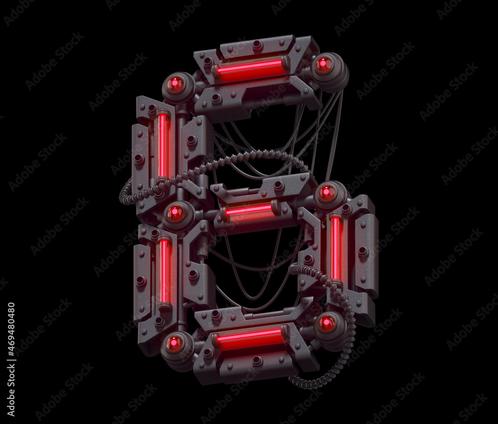 Black futuristic font. Light red neon. Number 6. Black futuristic font. Light red neon. Number 6.