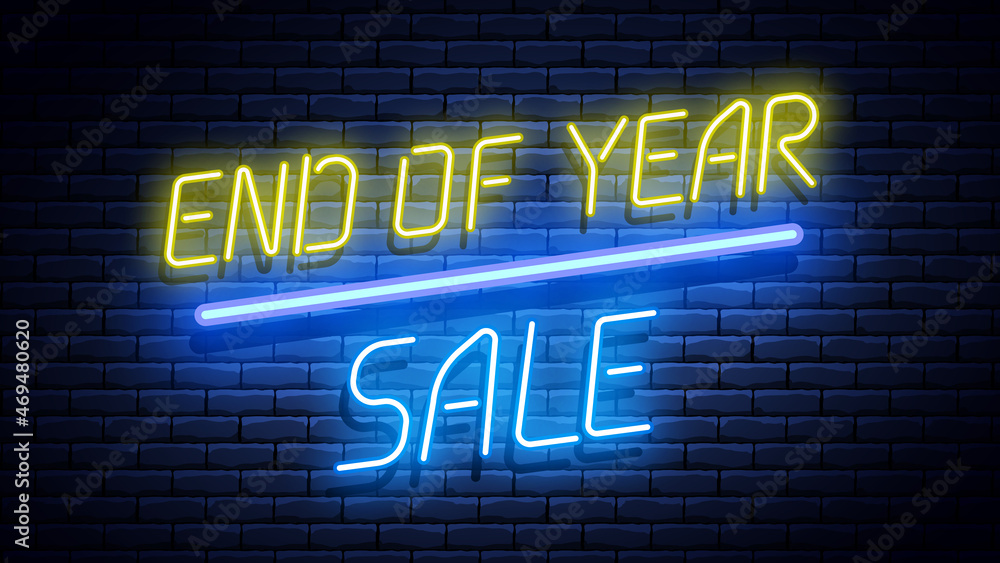 Obraz premium Neon glowing end of year sale banner on brick wall. Vector illustration.
