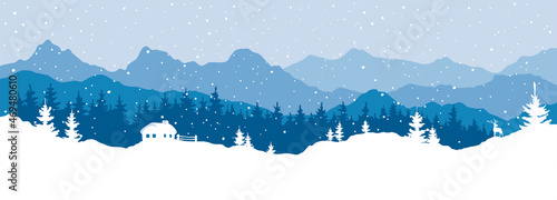 Abstract landscape with mountains and forest. Narrow vector illustrations, Christmas wallpaper.